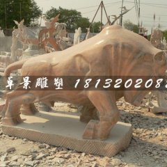石雕牛，晚霞紅牛雕塑，晚霞紅石頭牛雕塑