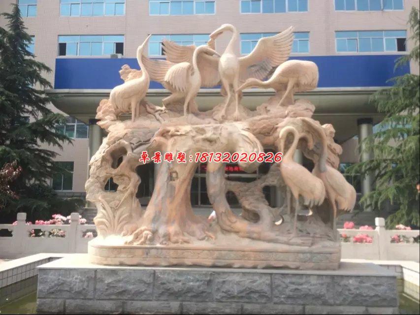 仙鶴石雕，晚霞紅丹頂鶴雕塑