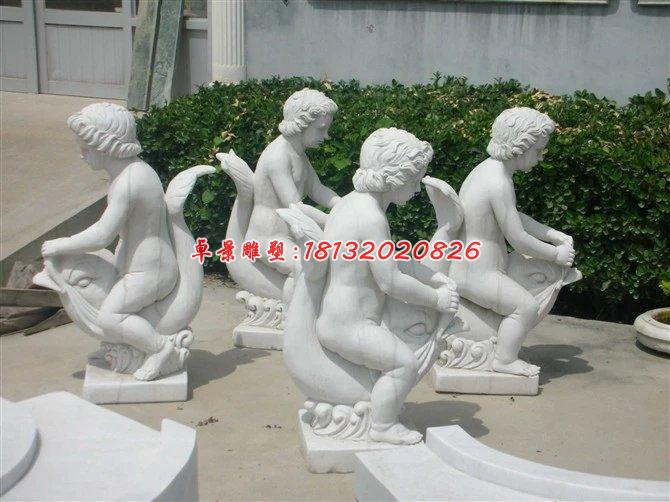 漢白玉人物雕塑，小孩騎魚石雕