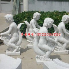 漢白玉人物雕塑，小孩騎魚石雕