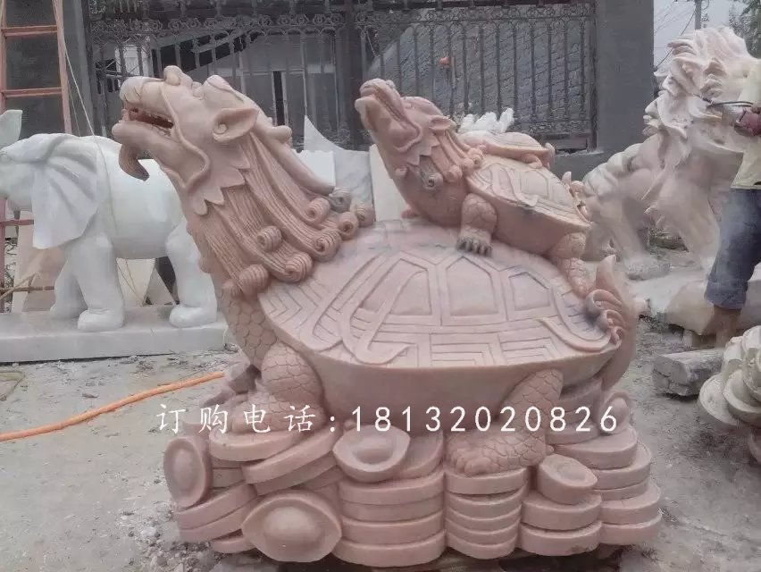 母子龍龜石雕，晚霞紅龍龜雕塑