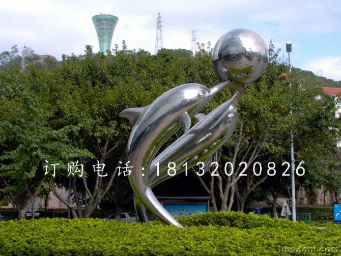 海豚頂球雕塑，公園不銹鋼雕塑