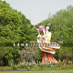 古代美女采花雕塑，玻璃鋼仿真人物雕塑