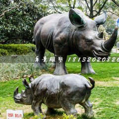 母子犀牛銅雕，公園動物銅雕
