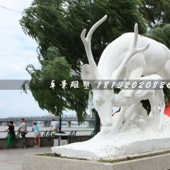 母子鹿石雕，漢白玉動物雕塑