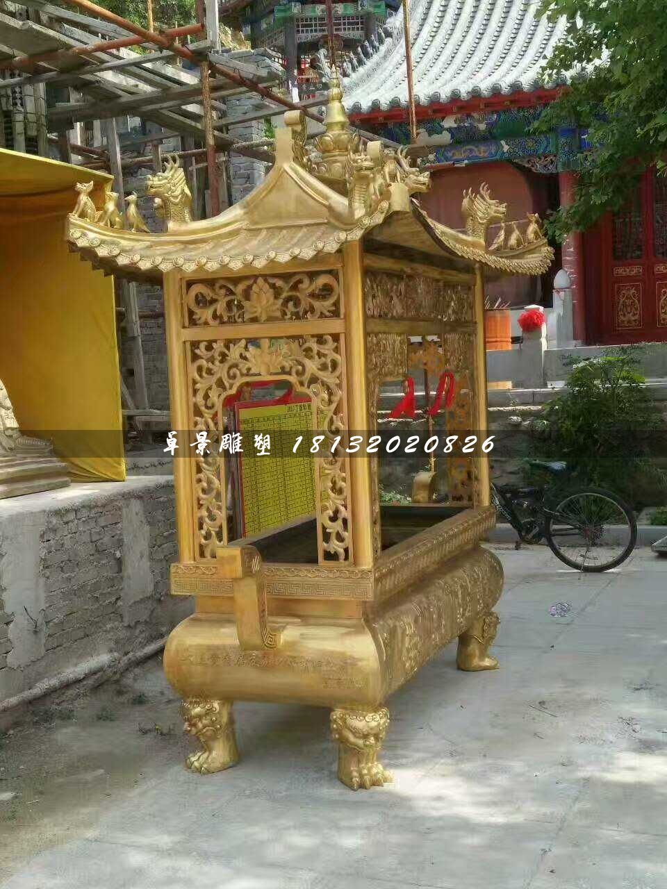 方形香爐銅雕，寺廟銅香爐 (1)