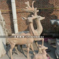 三只鹿石雕，晚霞紅動物雕塑