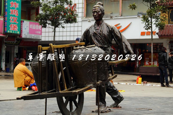獨輪車銅雕，街頭古代人物雕塑