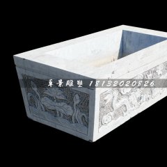 雙龍戲珠石浮雕水缸，方形水缸石雕