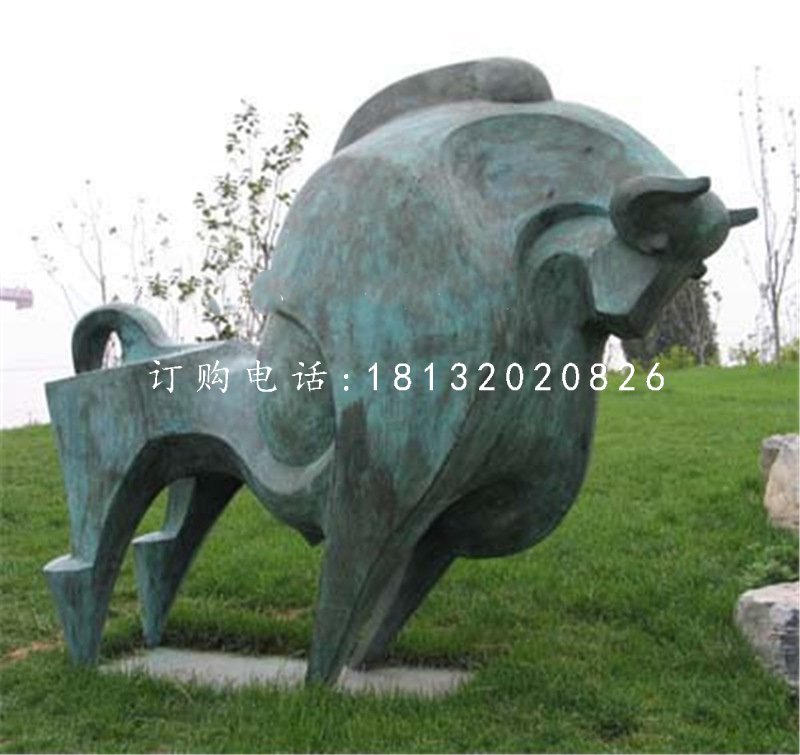 抽象牛雕塑，青銅開荒牛