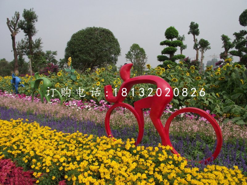 抽象人物騎車子雕塑，不銹鋼景觀雕塑