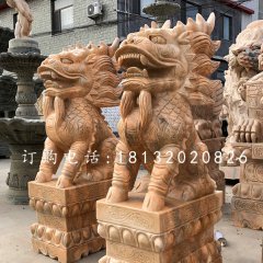 晚霞紅門口麒麟，古代神獸石雕
