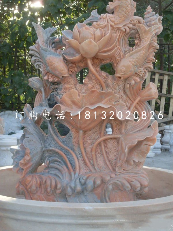 鯉魚荷花石雕，晚霞紅石雕