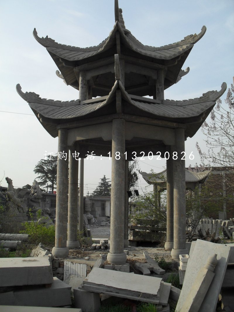 六角涼亭，青石涼亭雕塑